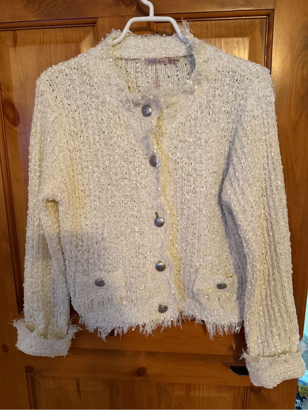 ESQUALO Cream Fringe Knit Jacket with Metallic Thread